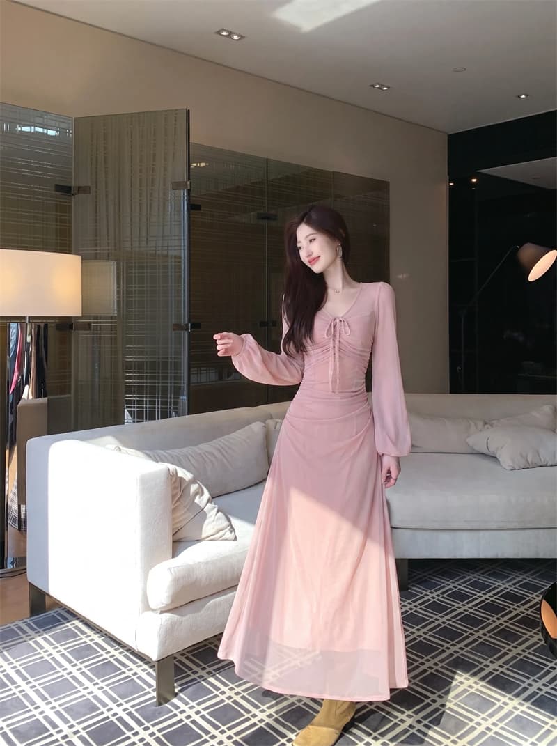 실사 복숭아 비밀 상황 긴팔 여성 드레스 이른 가을 프랑스식 순수한 욕망 몸매 가꾸기 허리 수축 품격 롱 스커트