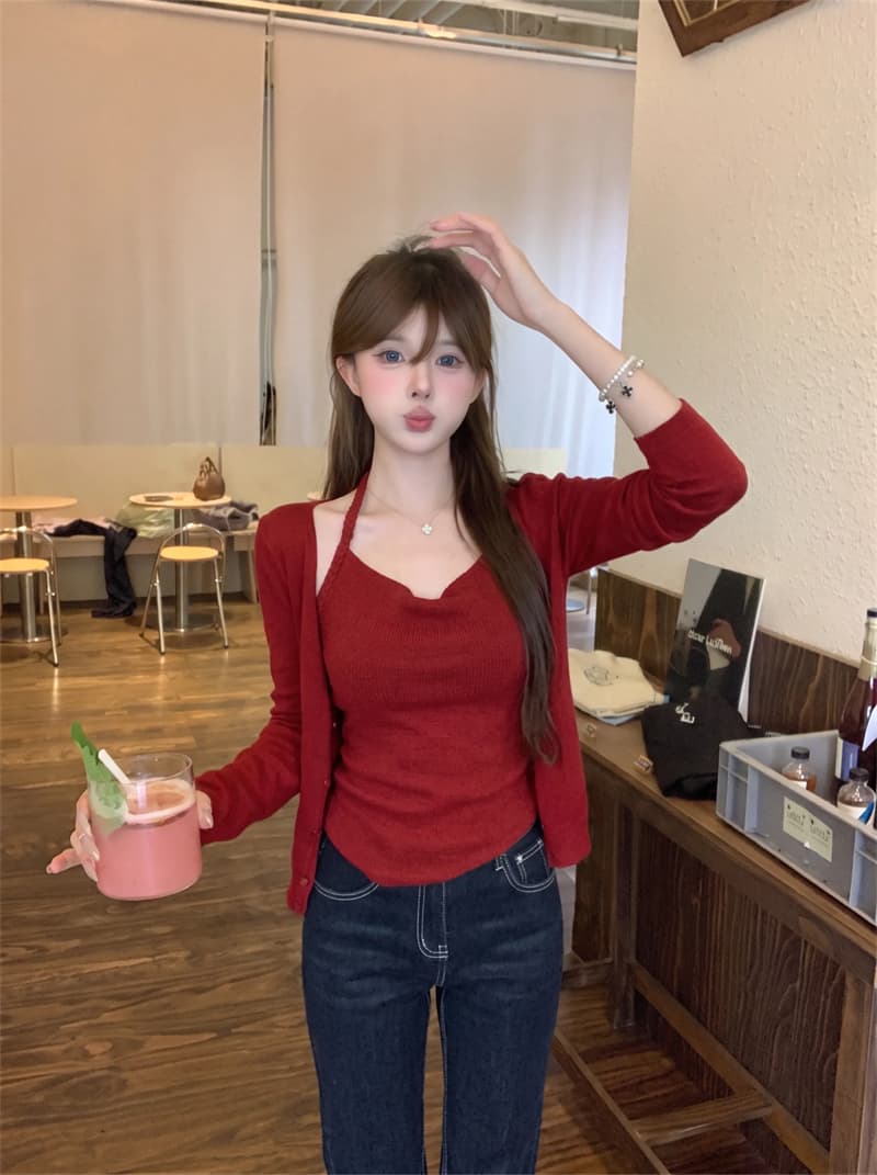 실사 순수한 욕망 꽈배기 행침 목 조끼 니트 오픈 가디건 투피스 세트 세트 여성 상세 이미지 6