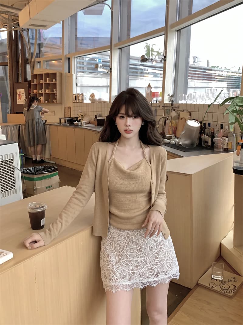 실사 순수한 욕망 꽈배기 행침 목 조끼 니트 오픈 가디건 투피스 세트 세트 여성 상세 이미지 10