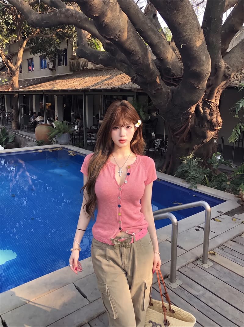 실사 색상 단추 반팔 니트 스웨터 여성 여름 몸매 가꾸기 슬림해 보이는 디자인 센스 오픈 가디건 맨위 상세 이미지 7