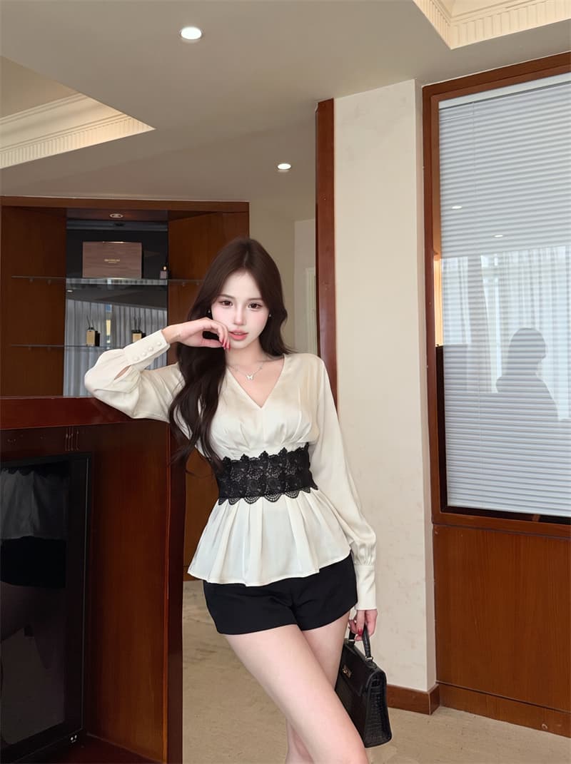 실사 강남 건방진 녀석 프랑스식 레이스 허리 품격 V 넥 셔츠 드레스 여성 의류 비싼 작은 셔츠 상세 이미지 3