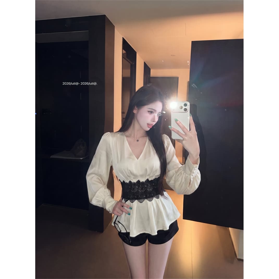 실사 강남 건방진 녀석 프랑스식 레이스 허리 품격 V 넥 셔츠 드레스 여성 의류 비싼 작은 셔츠 이미지 5