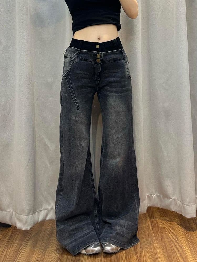 아메리칸 핫걸 디자인 센스 패치워크 청바지 아이들 여름 레트로 워싱 마 오래된 슬림해 보이는 다용도 부츠컷 바지 트렌디 상세 이미지 2
