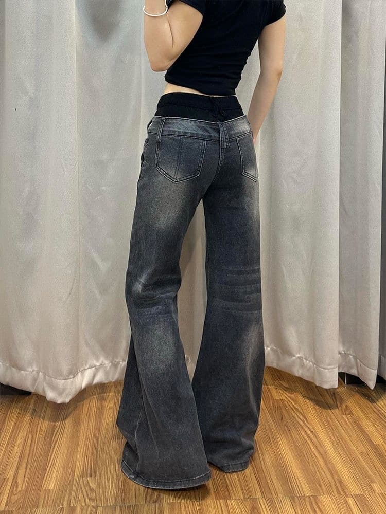 아메리칸 핫걸 디자인 센스 패치워크 청바지 아이들 여름 레트로 워싱 마 오래된 슬림해 보이는 다용도 부츠컷 바지 트렌디 상세 이미지 5