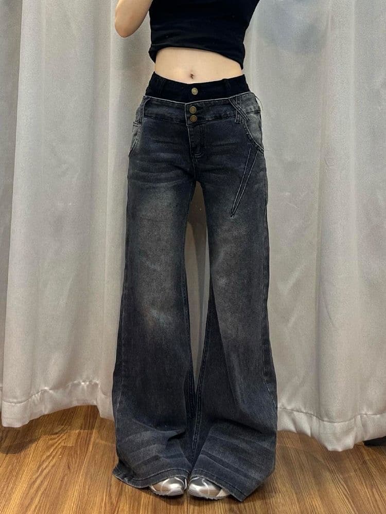 아메리칸 핫걸 디자인 센스 패치워크 청바지 아이들 여름 레트로 워싱 마 오래된 슬림해 보이는 다용도 부츠컷 바지 트렌디 상세 이미지 6