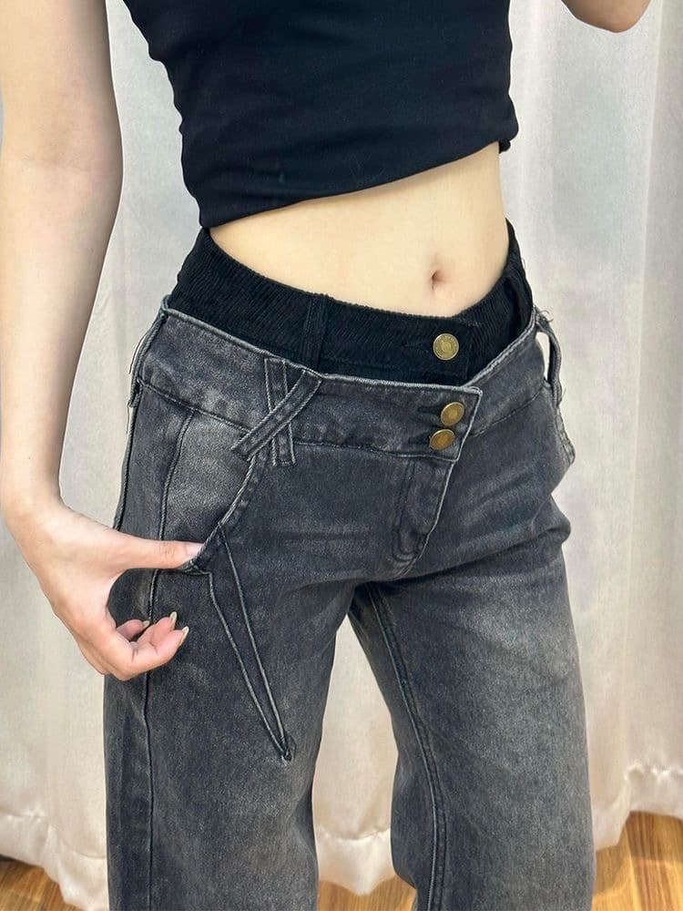 아메리칸 핫걸 디자인 센스 패치워크 청바지 아이들 여름 레트로 워싱 마 오래된 슬림해 보이는 다용도 부츠컷 바지 트렌디 상세 이미지 11