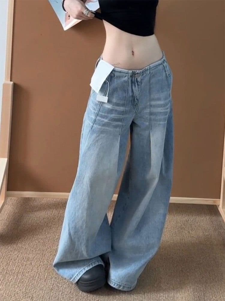 아메리칸 하늘색 없음 허리 머리 넓은 다리 청바지 여성 2026 여름 레트로 로우 웨이스트 주름 플리츠 바닥 청소 긴 바지 이미지 2