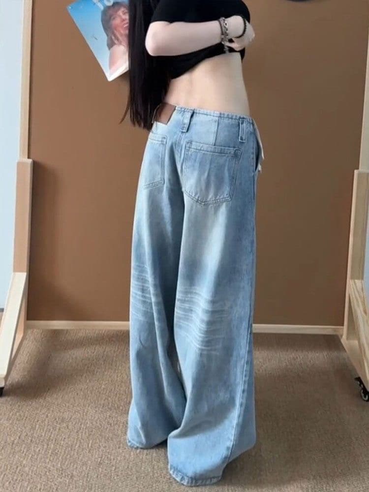 아메리칸 하늘색 없음 허리 머리 넓은 다리 청바지 여성 2026 여름 레트로 로우 웨이스트 주름 플리츠 바닥 청소 긴 바지 상세 이미지 6
