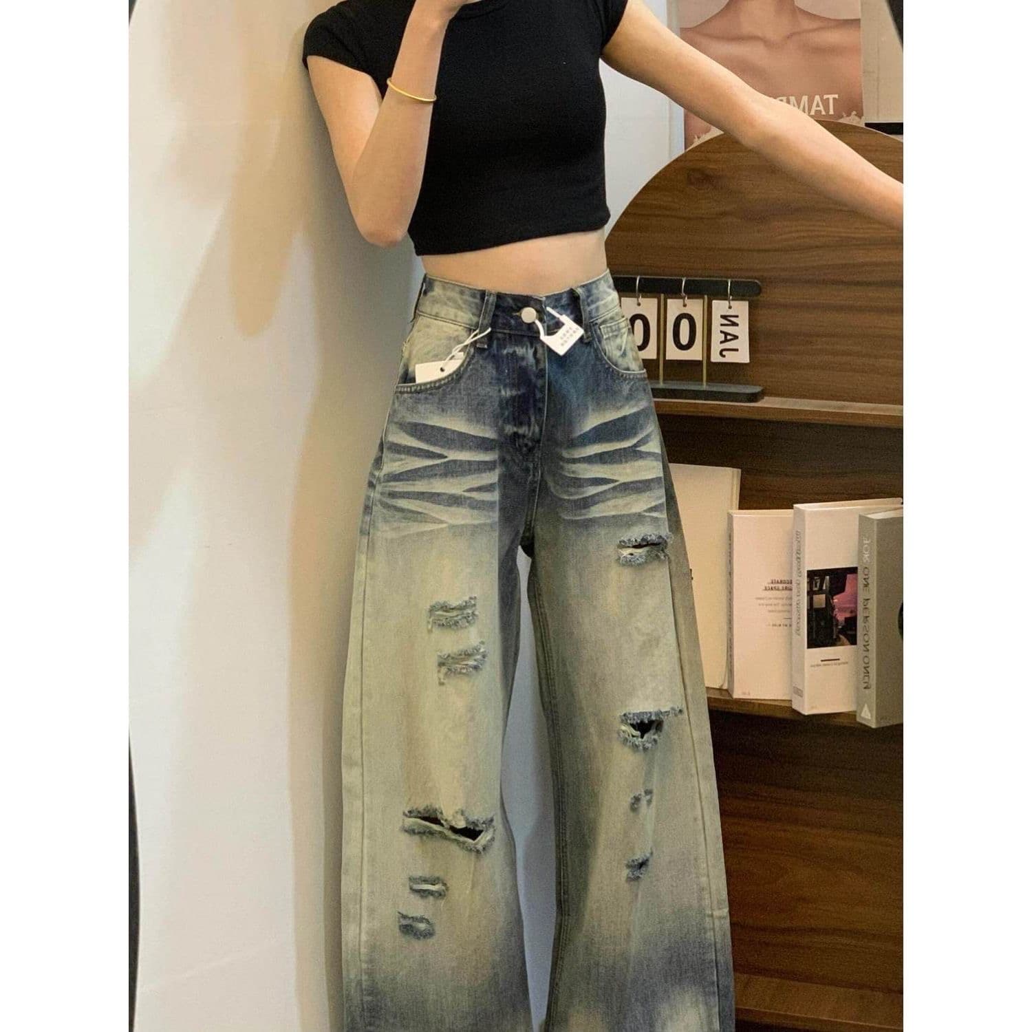 키 큰 남자 아메리칸 레트로 워싱 찢어진 부분 넓은 다리 청바지 여성 루즈핏 새로운 슬림해 보이는 하이웨이스트 잉글랜드 롱 바지 이미지 4