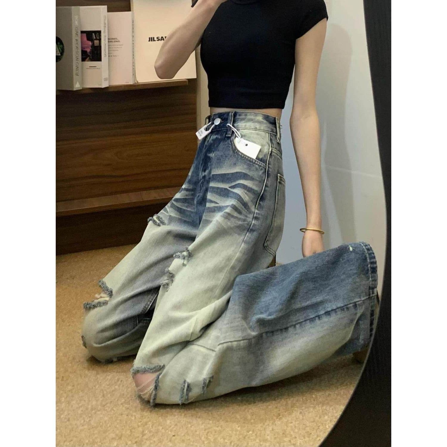 키 큰 남자 아메리칸 레트로 워싱 찢어진 부분 넓은 다리 청바지 여성 루즈핏 새로운 슬림해 보이는 하이웨이스트 잉글랜드 롱 바지 상세 이미지 3