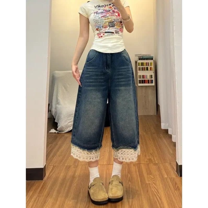아메리칸 레트로 워싱 데님 반바지 여성 여름 새로운 레이스 조각 디자인 캐주얼 다용도 루즈핏 7부 바지