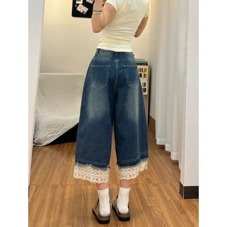 아메리칸 레트로 워싱 데님 반바지 여성 여름 새로운 레이스 조각 디자인 캐주얼 다용도 루즈핏 7부 바지 상세 이미지 3