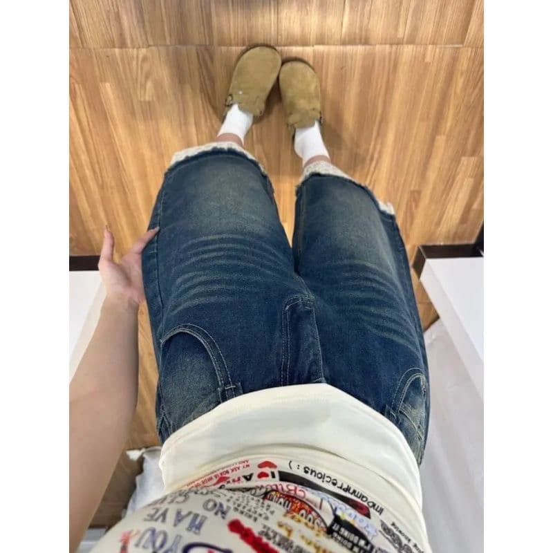 아메리칸 레트로 워싱 데님 반바지 여성 여름 새로운 레이스 조각 디자인 캐주얼 다용도 루즈핏 7부 바지 상세 이미지 6