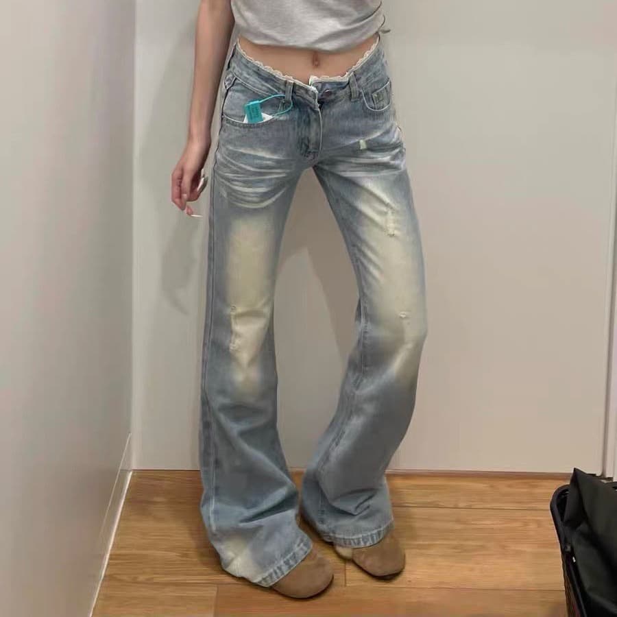 키 큰 남자 레이스 조각 로우 웨이스트 아메리칸 부츠컷 핫걸 청바지 여성 새로운 슬림해 보이는 하늘색 바닥 청소 바지 이미지 5