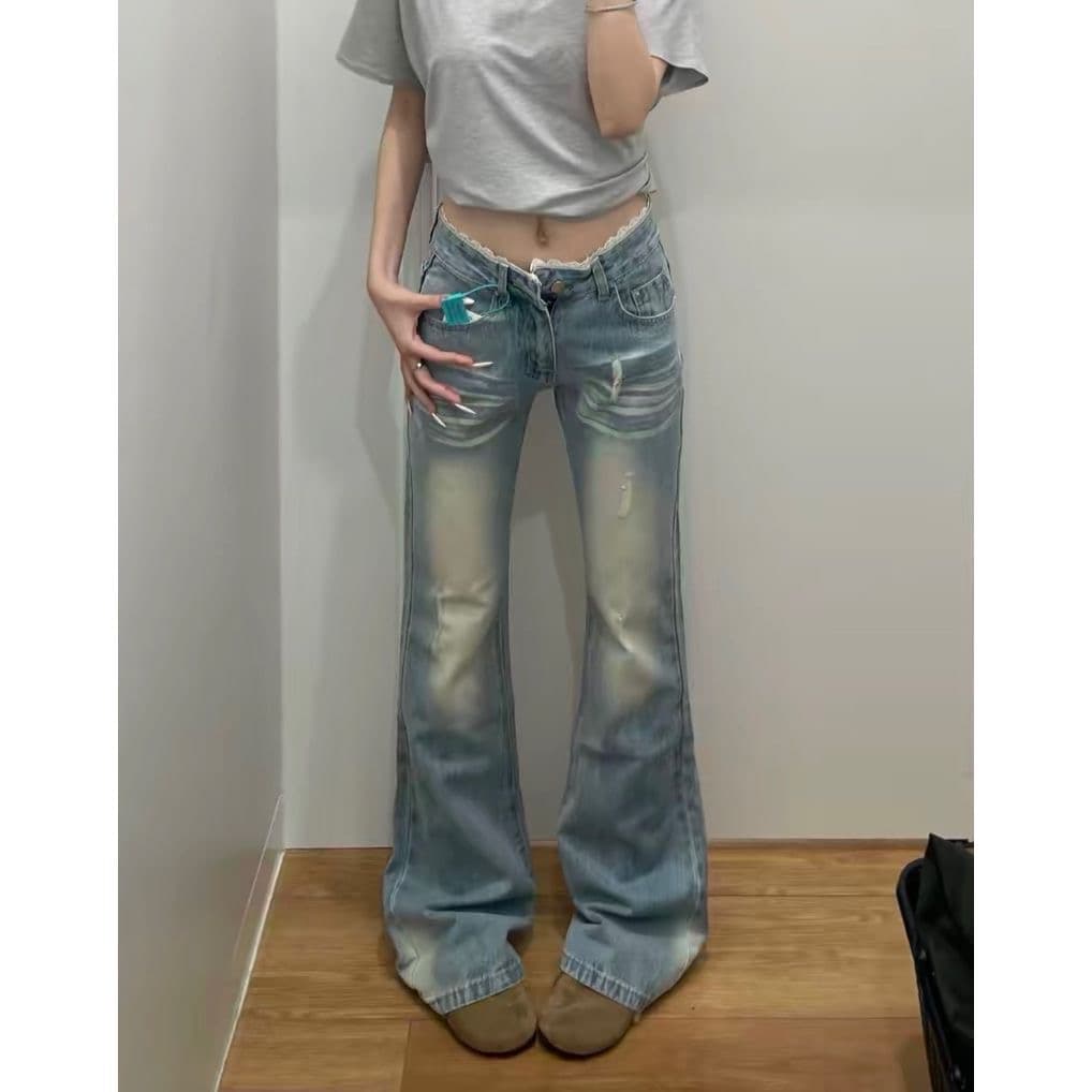 키 큰 남자 레이스 조각 로우 웨이스트 아메리칸 부츠컷 핫걸 청바지 여성 새로운 슬림해 보이는 하늘색 바닥 청소 바지 상세 이미지 2