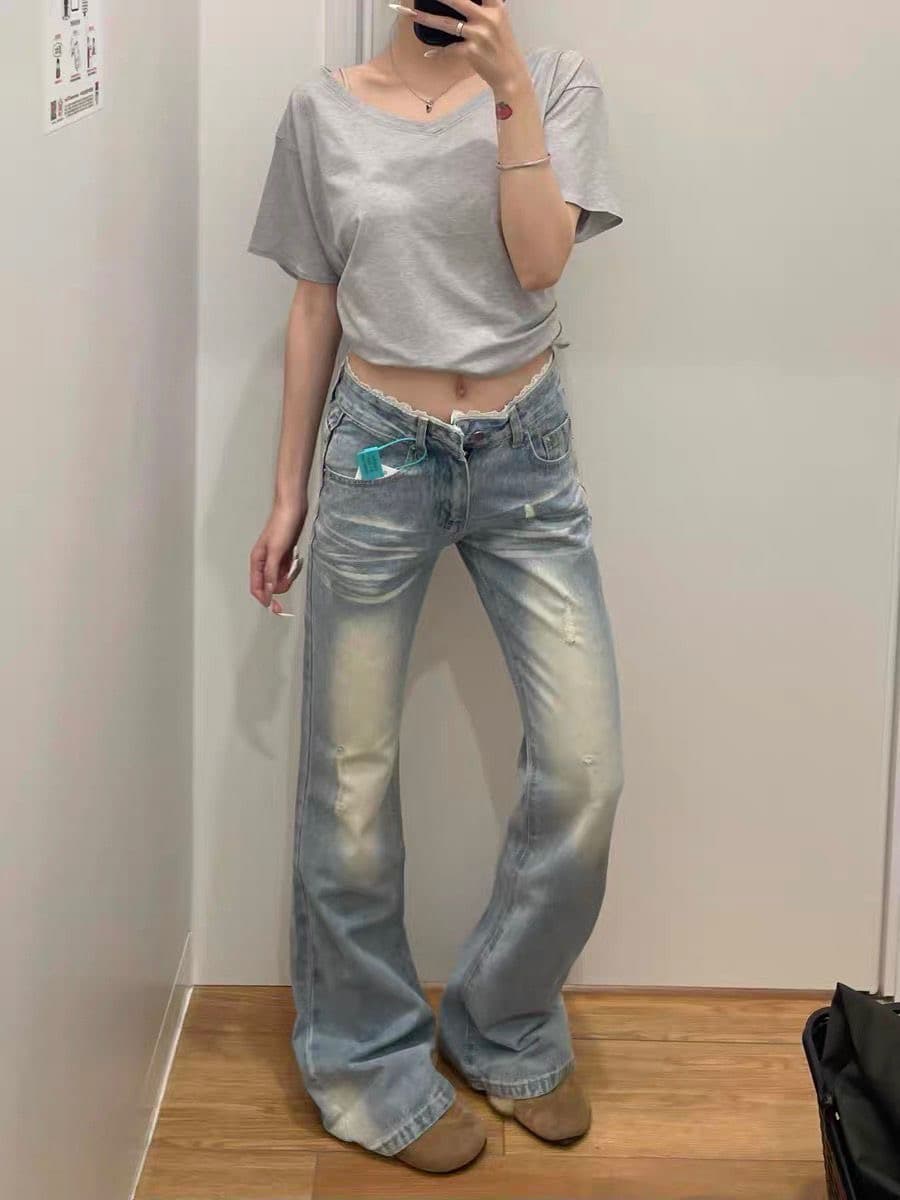 키 큰 남자 레이스 조각 로우 웨이스트 아메리칸 부츠컷 핫걸 청바지 여성 새로운 슬림해 보이는 하늘색 바닥 청소 바지 상세 이미지 3