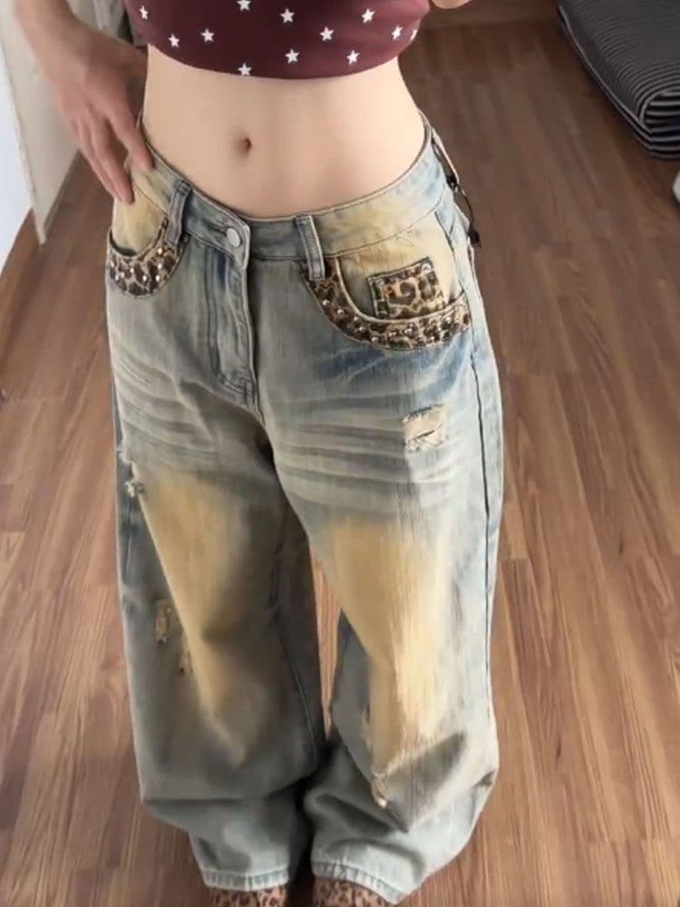 아메리칸 워싱 핫걸 레트로 마 오래된 찢어진 부분 청바지 여성 레오파드 무늬 주머니 디자인 센스 루즈핏 넓은 다리 길이 바지 트렌디 이미지 3