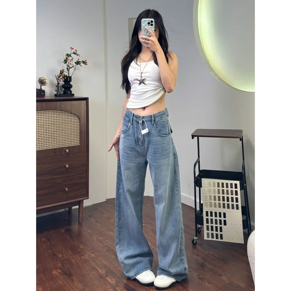 아메리칸 레트로 파리 버클 디자인 센스 넓은 다리 청바지 여성 2026 여름 새로운 루즈핏 슬림해 보이는 스트레이트 바지 이미지 4