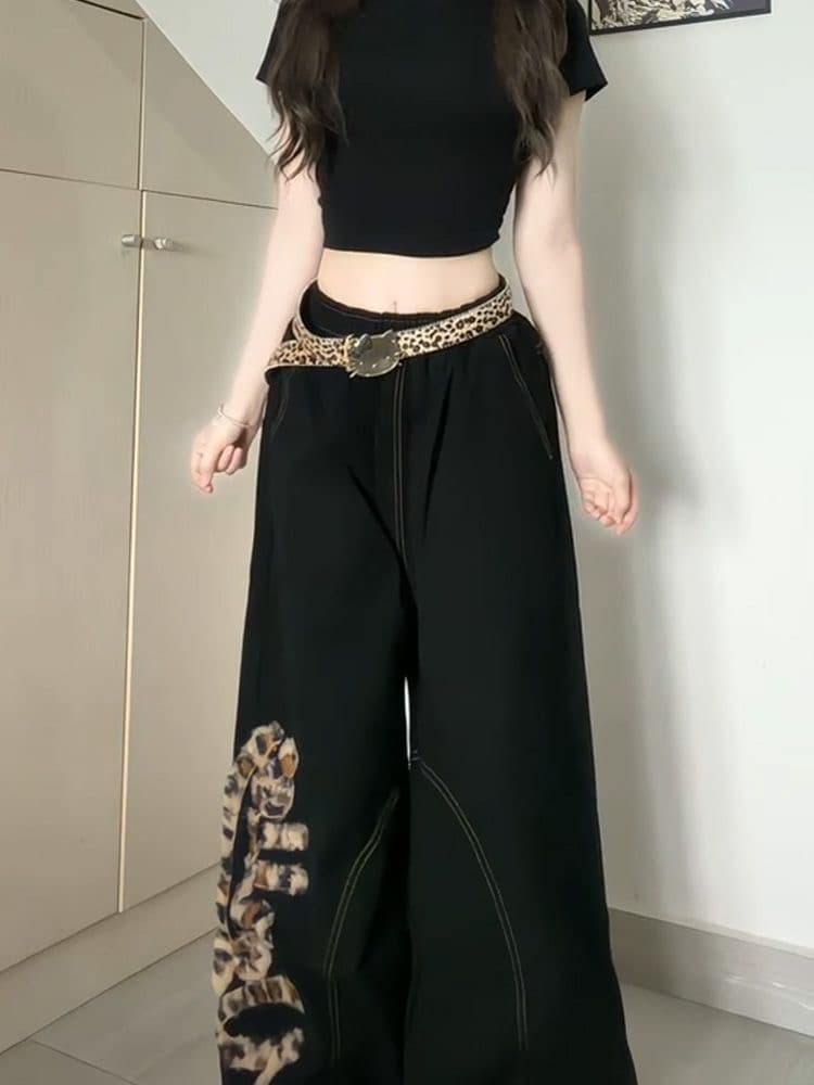 아메리칸 레트로 핫걸 디자인 센스 레오파드 무늬 패치워크 작은 대중 데님 바지 여름 얇은 스타일 넓은 다리 루즈핏 바닥 청소 바지