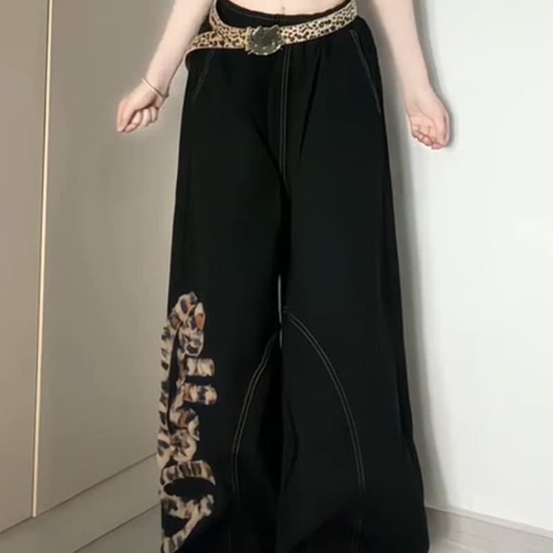 아메리칸 레트로 핫걸 디자인 센스 레오파드 무늬 패치워크 작은 대중 데님 바지 여름 얇은 스타일 넓은 다리 루즈핏 바닥 청소 바지 이미지 5