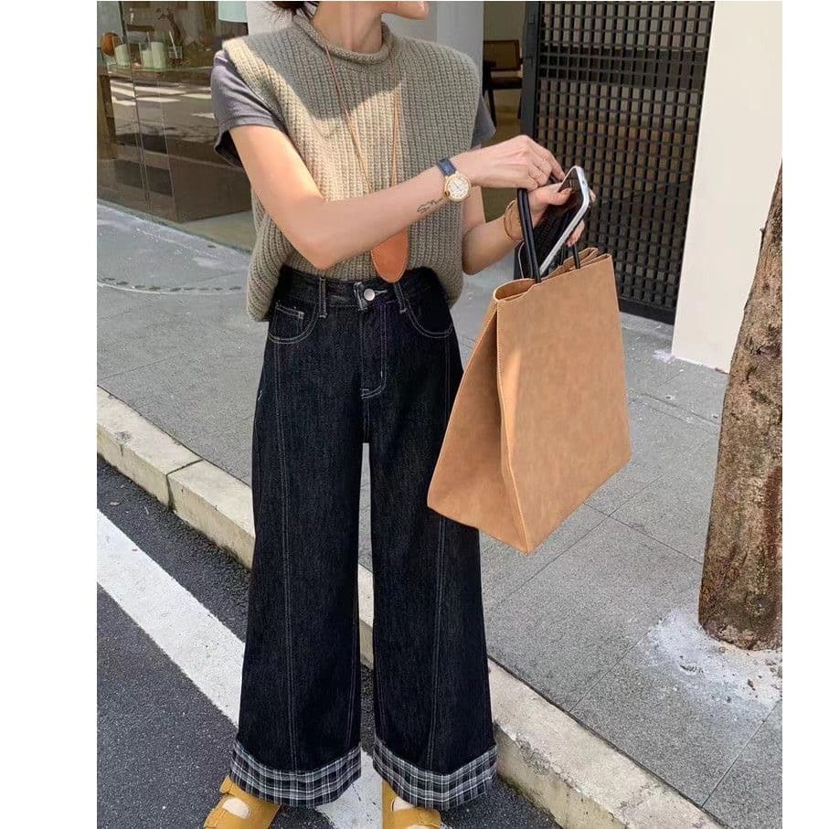 검정색 잡아라. 털 섹션 볼륨 측면 체크무늬 디자인 센스 배색 패션 넓은 다리 청바지 여성 가을 겨울 새로운 루즈핏 다용도 상세 이미지 2