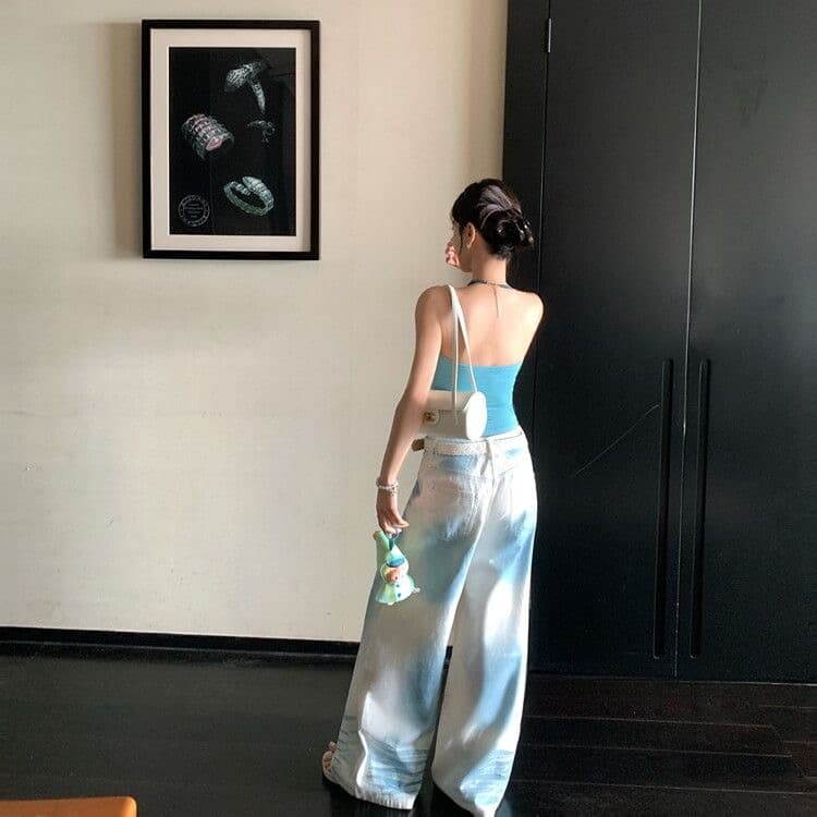 블루 화이트 홀치기 염색 그라데이션 배색 디자인 센스 주름 패션 넓은 다리 청바지 여성 여름 새로운 루즈핏 다용도 섹션 이미지 2