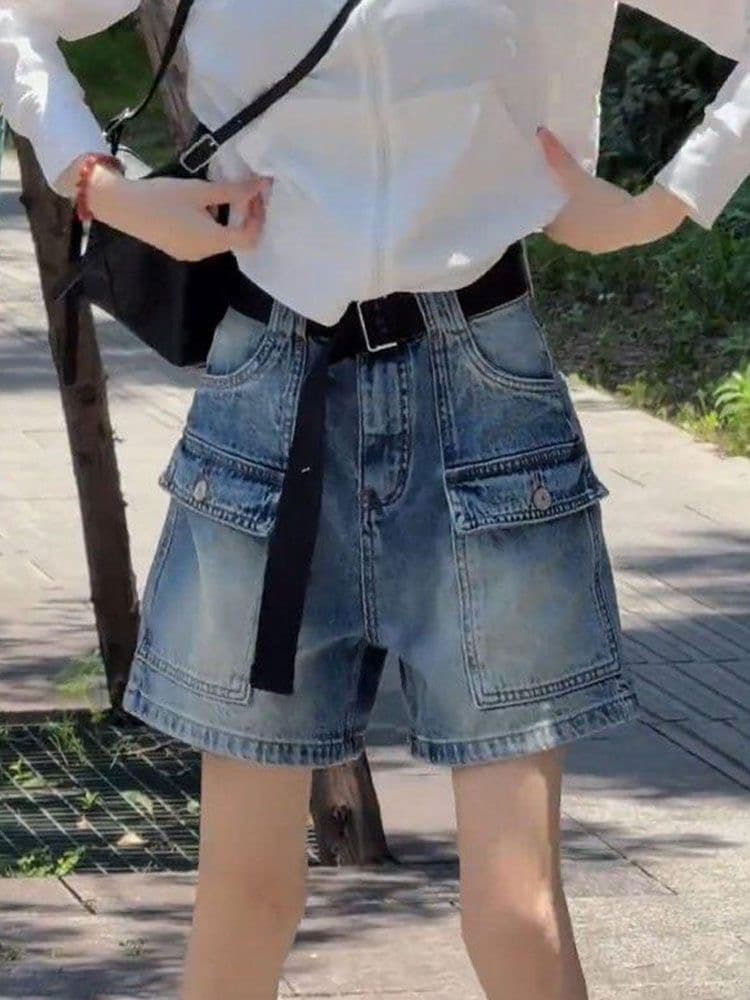 홍콩 스타일 레트로 거리 바람 하이웨이스트 데님 워크웨어 반바지 여성 2026 여름 캐주얼 루즈핏 슬림해 보이는 와이드 레그 팬츠 상세 이미지 2