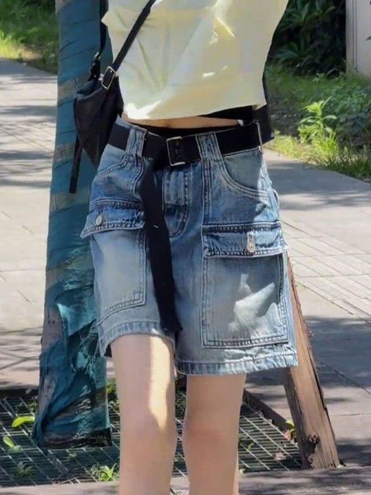 홍콩 스타일 레트로 거리 바람 하이웨이스트 데님 워크웨어 반바지 여성 2026 여름 캐주얼 루즈핏 슬림해 보이는 와이드 레그 팬츠 상세 이미지 5