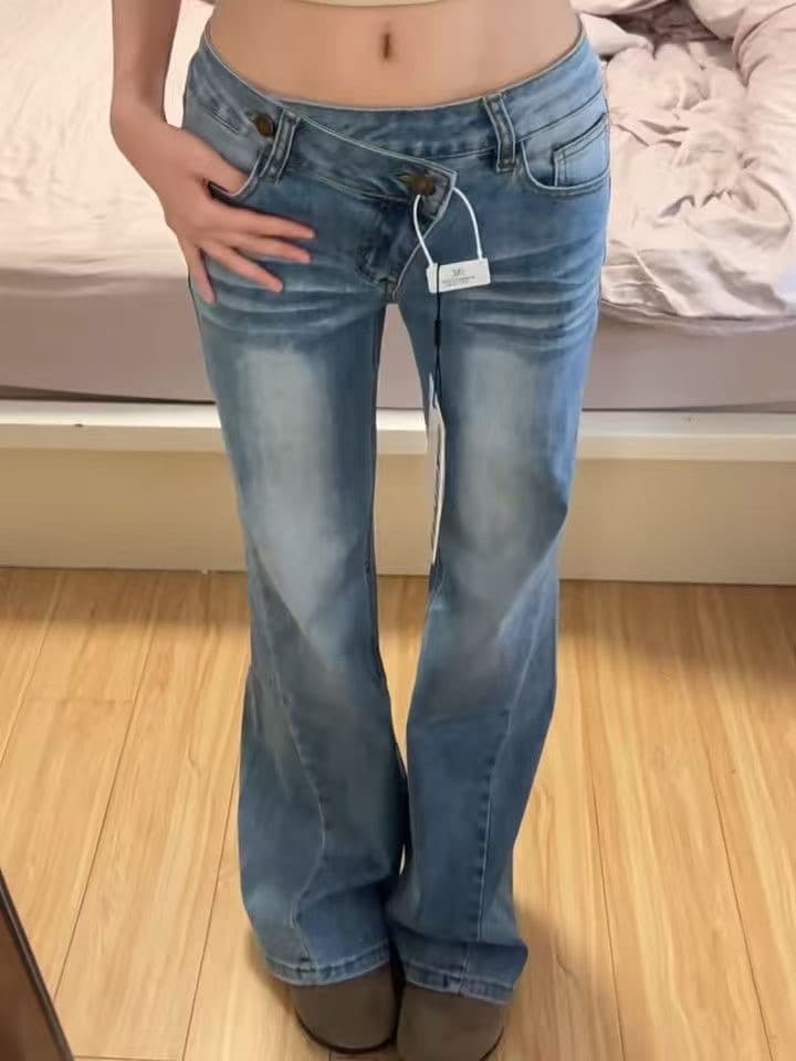 아메리칸 핫걸 빅 사이즈 레트로 불규칙 잘못된 게재 위치 허리 머리 부츠컷 청바지 여성 몸매 가꾸기 도루 센스 넓은 다리 길이 바지 이미지 4