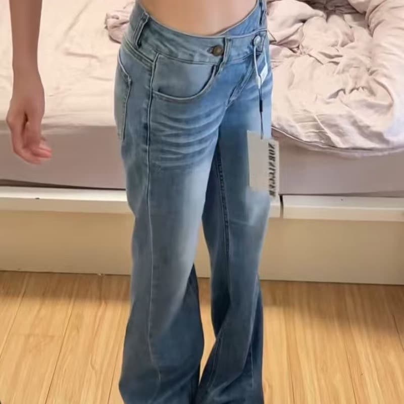 아메리칸 핫걸 빅 사이즈 레트로 불규칙 잘못된 게재 위치 허리 머리 부츠컷 청바지 여성 몸매 가꾸기 도루 센스 넓은 다리 길이 바지 이미지 5