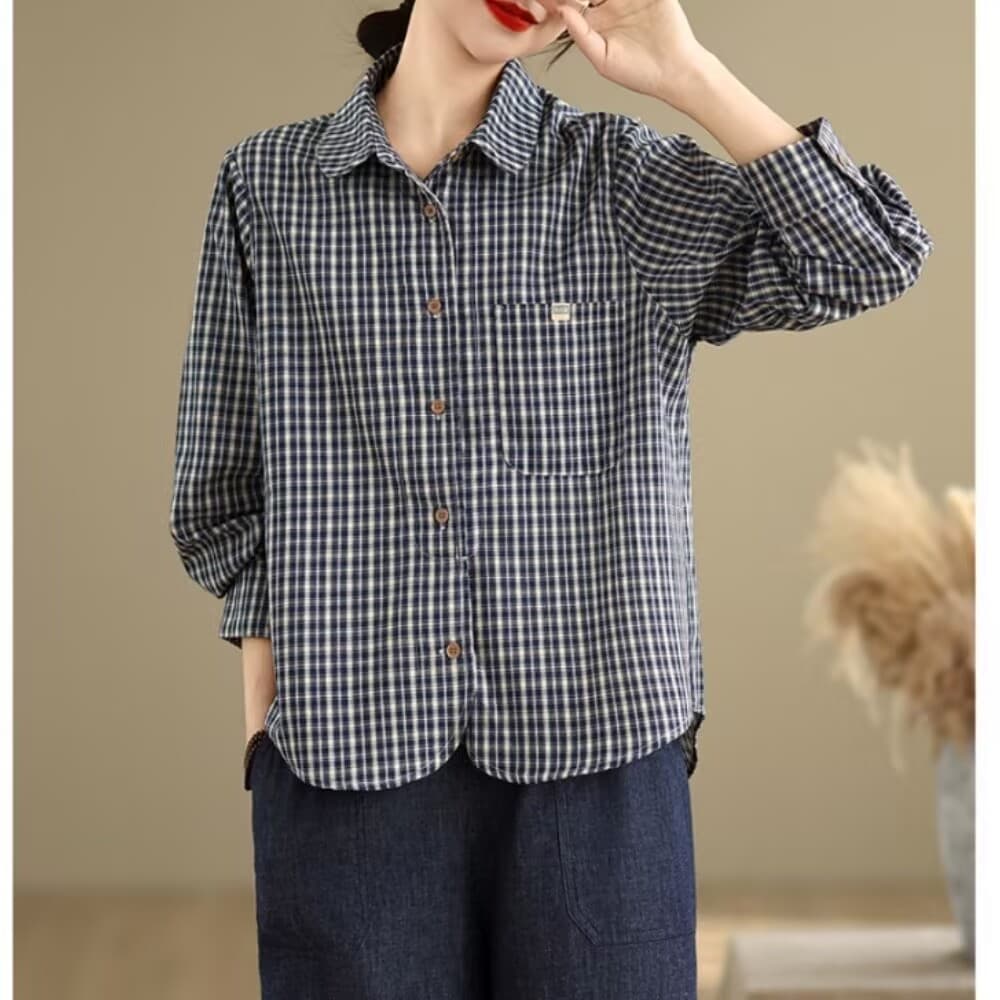 일본식 학원 스타일 패치워크 색상 체크무늬 긴팔 여성 셔츠 봄 새로운 폴로 칼라 루즈핏 연령 감소 다용도 만나는 맨위 상세 이미지 5