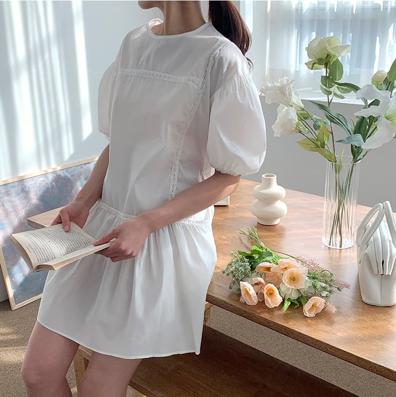 한 부서 거품 소매 여성 드레스 여름 레이스 라운드 넥 루즈핏 연령 감소 인형 치마 작은 키 첫사랑 미니 스커트 상세 이미지 10