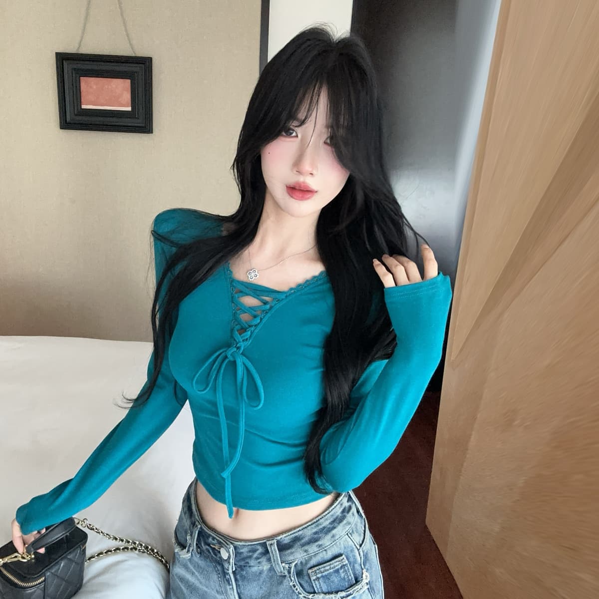 정가 순수한 욕망 핫걸 V넥 스트랩 긴팔 티셔츠 가을 겨울 몸매 가꾸기 슬림해 보이는 기본 셔츠 캐주얼 니트 맨위 상세 이미지 8