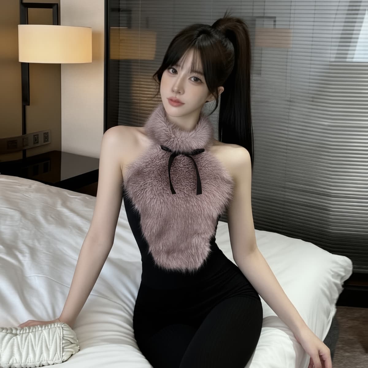 정가 섹시함 순수한 욕망 핫걸 이슬 쇄골 행침 목 조끼 털이 많은 레오파드 무늬 이슬 뼈의 튜브탑 만나는 맨위 상세 이미지 6