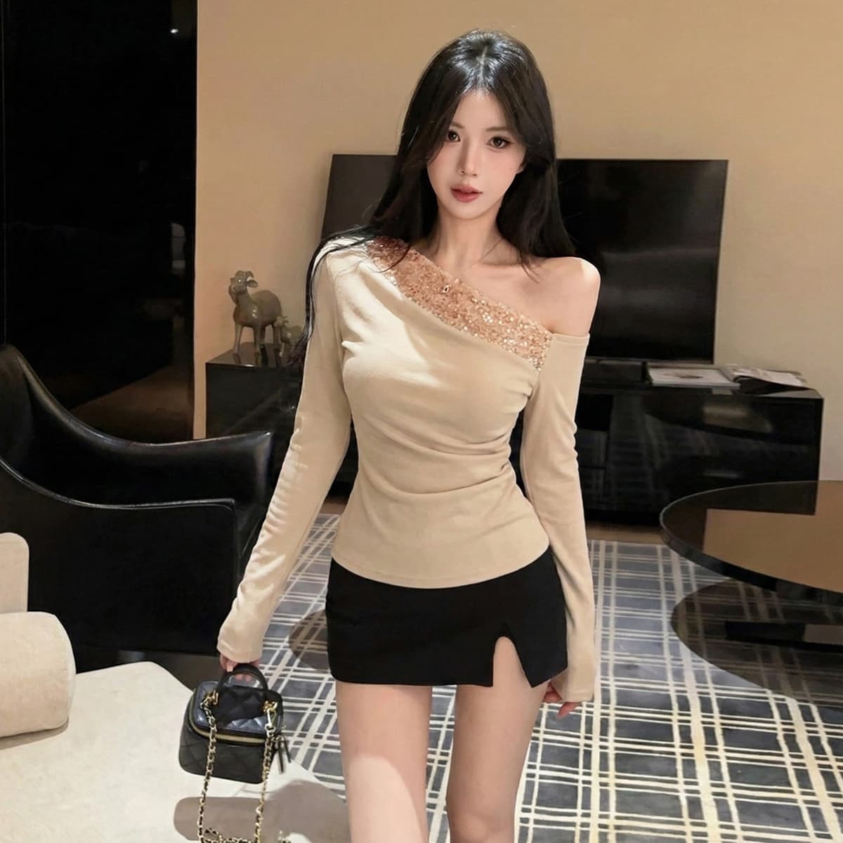 정가 섹시함 핫걸 비스듬한 어깨 이슬 쇄골 긴팔 티셔츠 휴가 바람 스팽글 패치워크 페이크 레이어드 만나는 맨위 상세 이미지 17