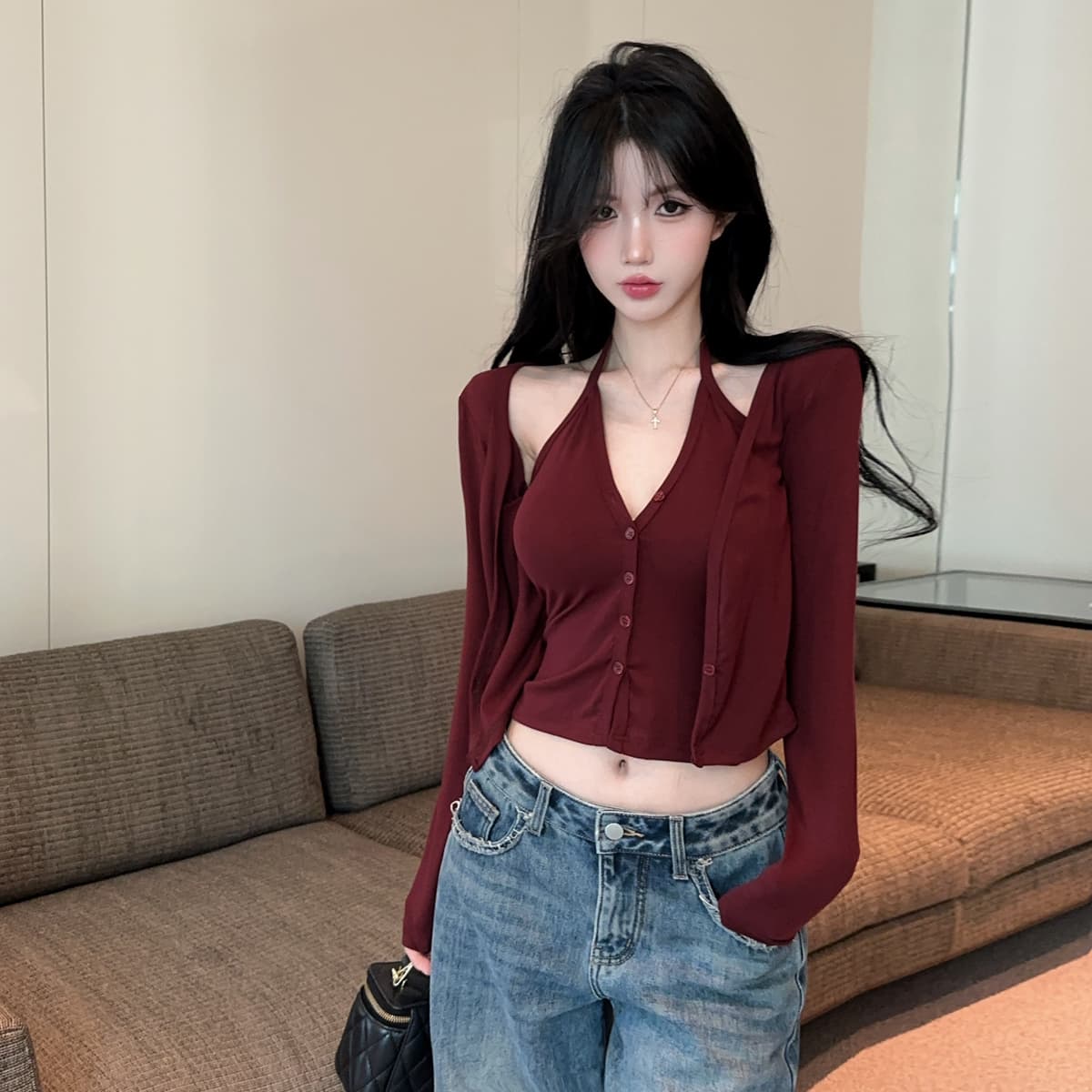 정가 섹시함 핫걸 V넥 행침 목 슬립 이슬 쇄골 쇼트 스타일 오픈 가디건 작은 외투 페이크 레이어드 긴팔 티셔츠 맨위 상세 이미지 2