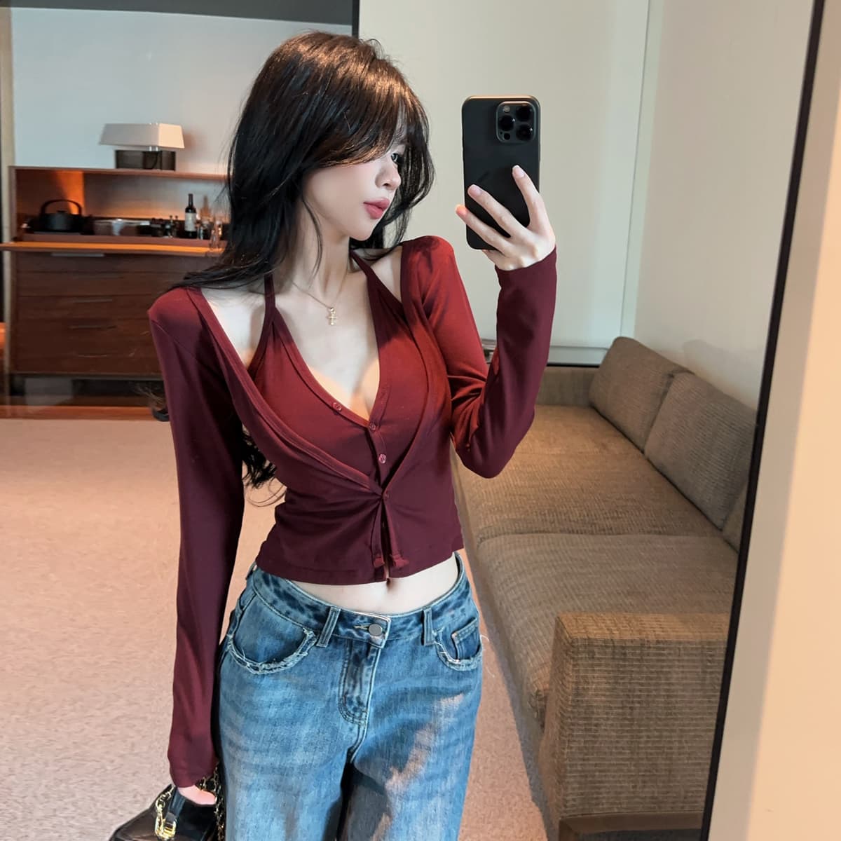 정가 섹시함 핫걸 V넥 행침 목 슬립 이슬 쇄골 쇼트 스타일 오픈 가디건 작은 외투 페이크 레이어드 긴팔 티셔츠 맨위 상세 이미지 10