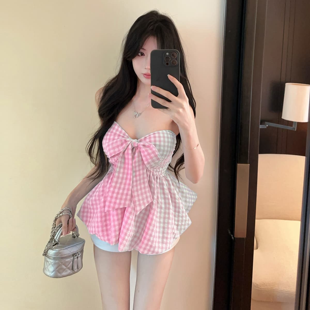 실사 순수한 욕망 핫걸 행침 목 튜브탑 조끼 캐주얼 휴가 외출용 보트넥 백리스 포장 가슴 체크무늬 맨위 상세 이미지 6
