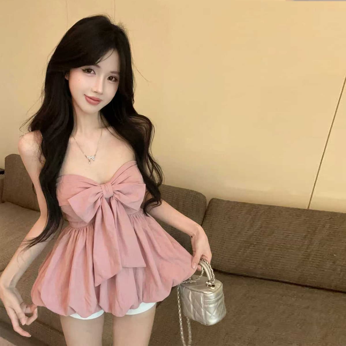 실사 순수한 욕망 핫걸 행침 목 튜브탑 조끼 캐주얼 휴가 외출용 보트넥 백리스 포장 가슴 체크무늬 맨위 상세 이미지 16