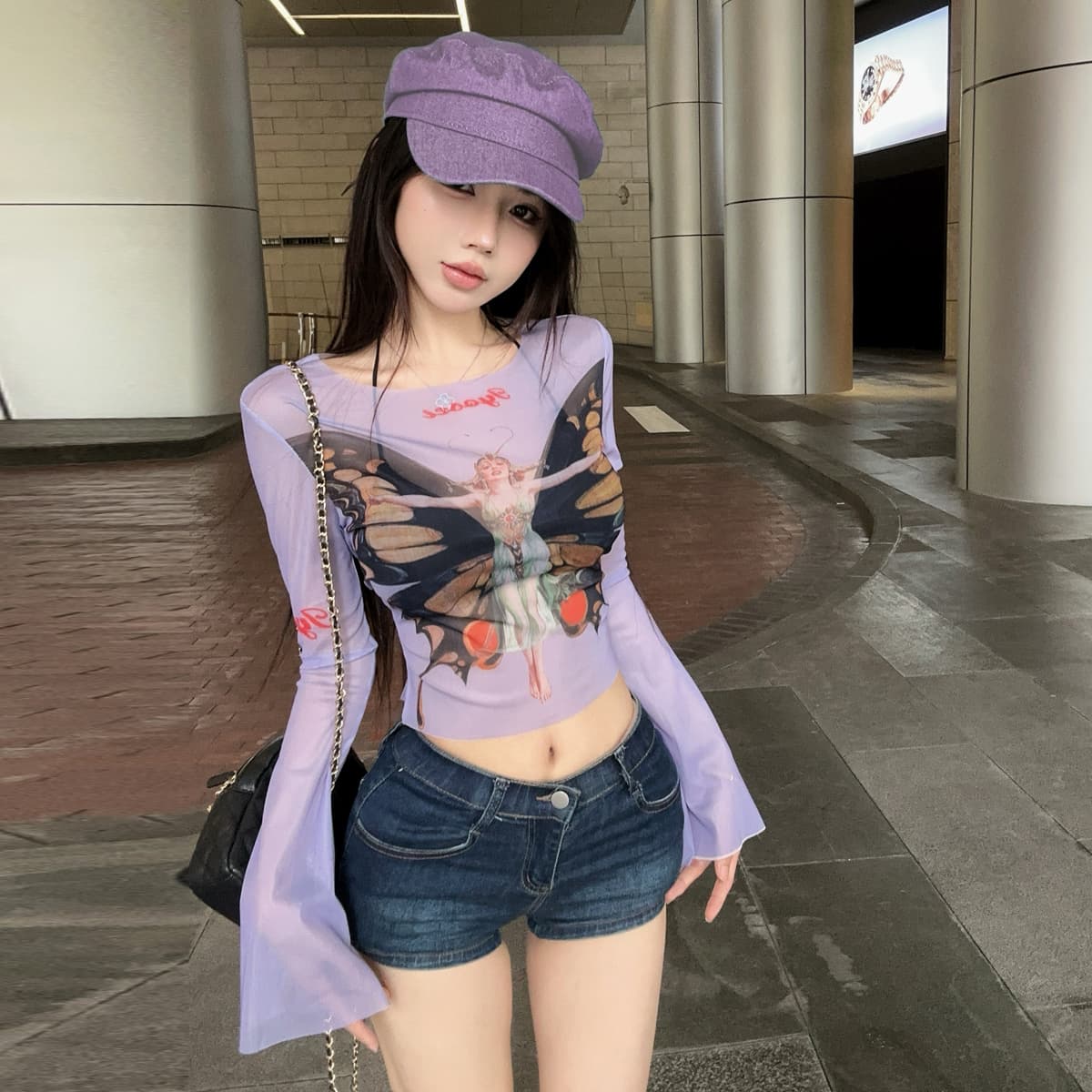 정가 섹시함 핫걸 시스루 망사 나팔 소매 자외선 차단 의류 블라우스 캐주얼 휴가 나비 프린트 티셔츠 맨위 이미지 2