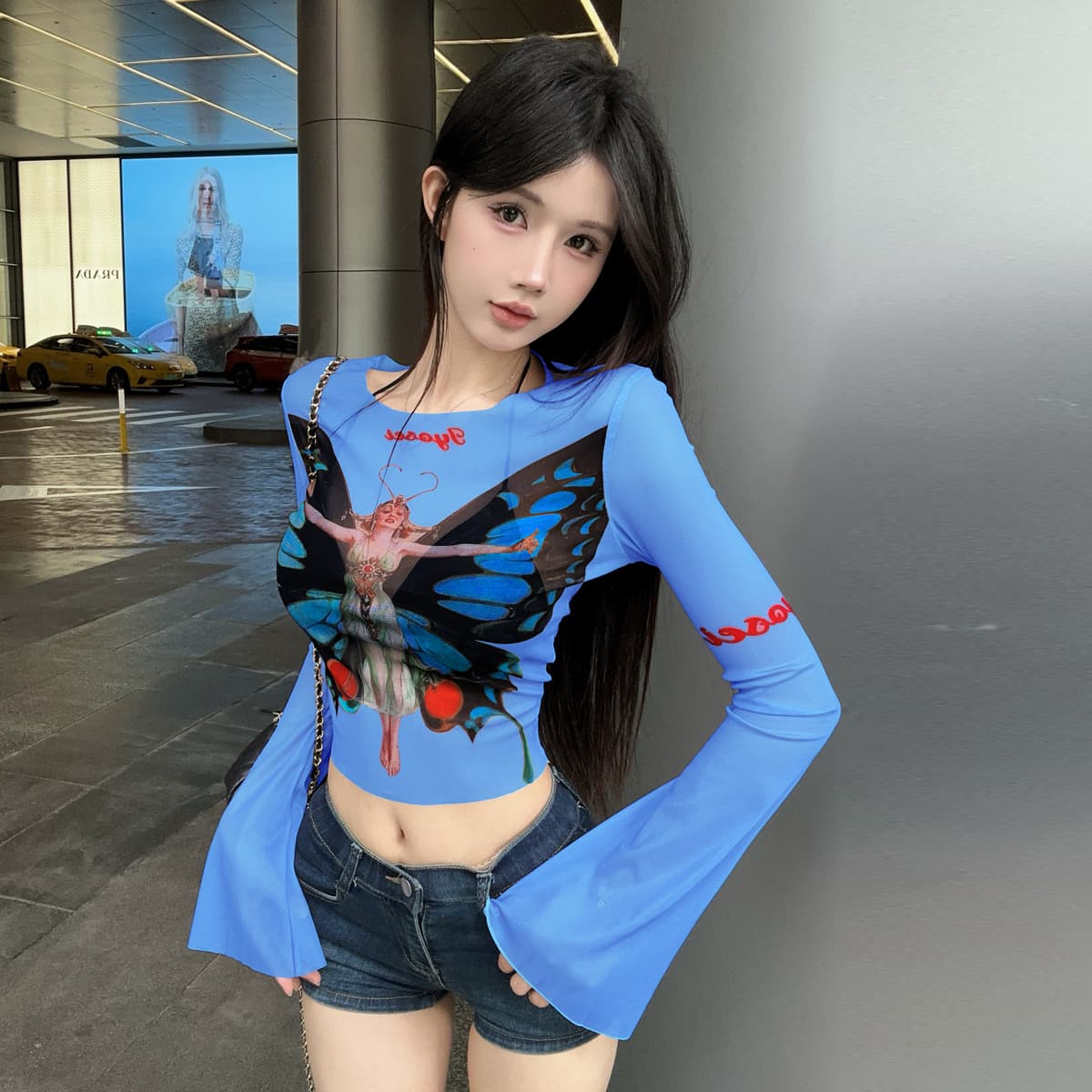 정가 섹시함 핫걸 시스루 망사 나팔 소매 자외선 차단 의류 블라우스 캐주얼 휴가 나비 프린트 티셔츠 맨위 이미지 5