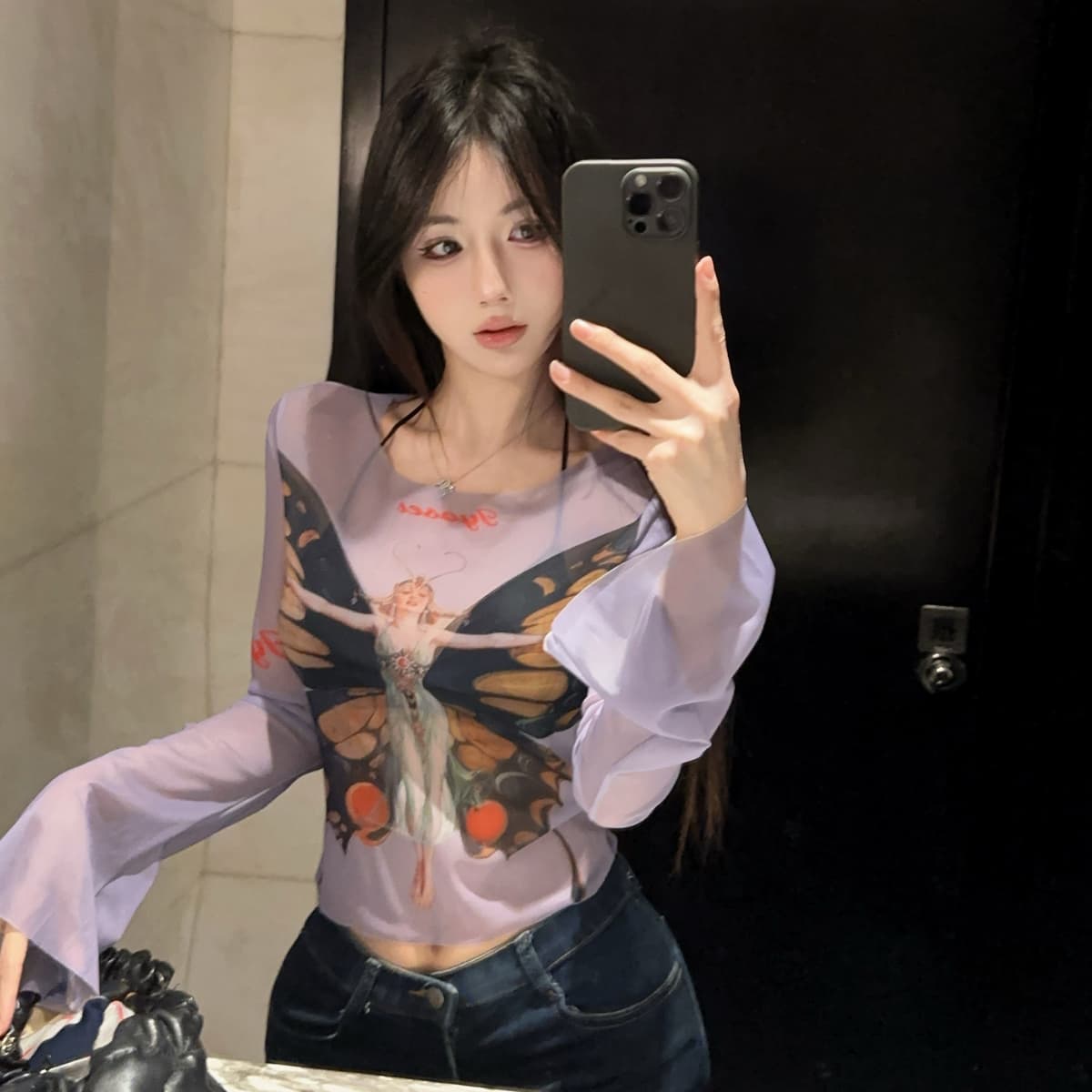 정가 섹시함 핫걸 시스루 망사 나팔 소매 자외선 차단 의류 블라우스 캐주얼 휴가 나비 프린트 티셔츠 맨위 상세 이미지 5