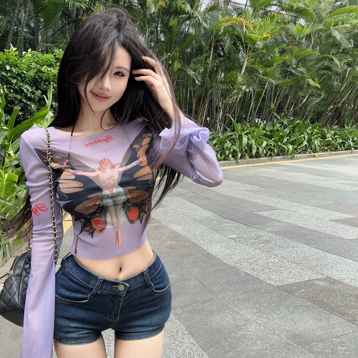 정가 섹시함 핫걸 시스루 망사 나팔 소매 자외선 차단 의류 블라우스 캐주얼 휴가 나비 프린트 티셔츠 맨위 상세 이미지 8