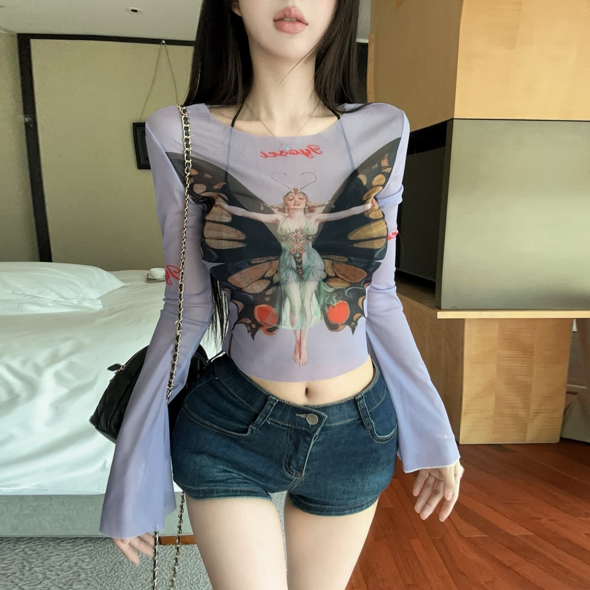 정가 섹시함 핫걸 시스루 망사 나팔 소매 자외선 차단 의류 블라우스 캐주얼 휴가 나비 프린트 티셔츠 맨위 상세 이미지 11