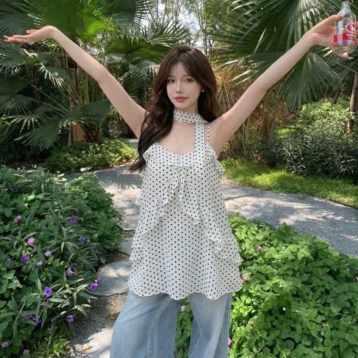 정가 섹시함 순수한 욕망 핫걸 레오파드 무늬 슬립 맨위 캐주얼 휴가 바람 프릴 슬림해 보이는 도트 무늬 조끼 상세 이미지 5