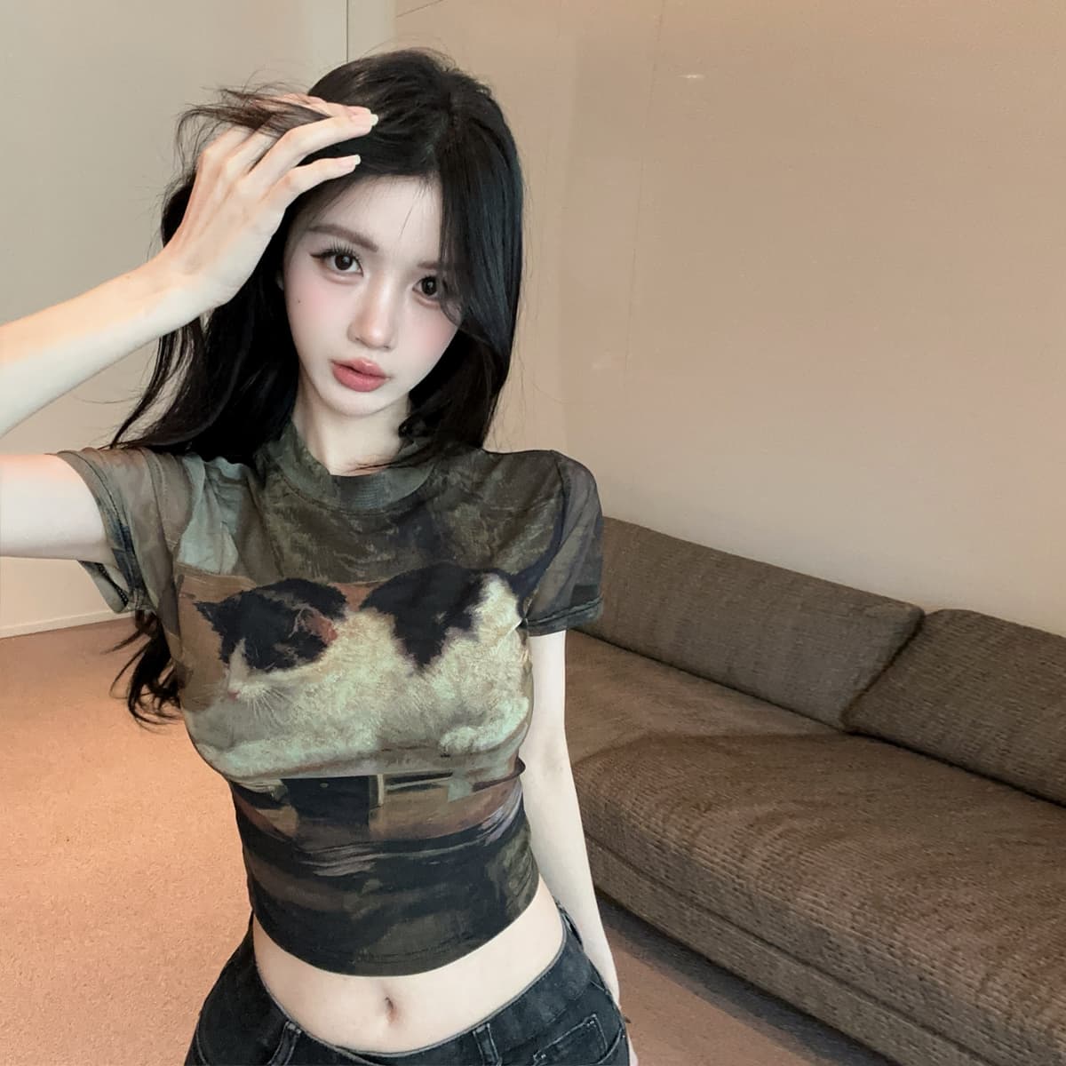 정가 순수한 욕망 핫걸 고양이 프린트 휴가 바람 프릴 반팔 티셔츠 섹시함 이슬 뼈의 시스루 망사 맨위 상세 이미지 13