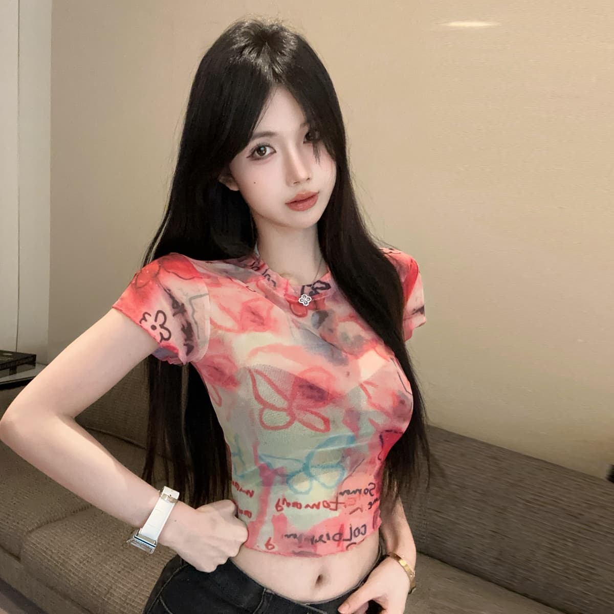 정가 순수한 욕망 핫걸 고양이 프린트 휴가 바람 프릴 반팔 티셔츠 섹시함 이슬 뼈의 시스루 망사 맨위 상세 이미지 20