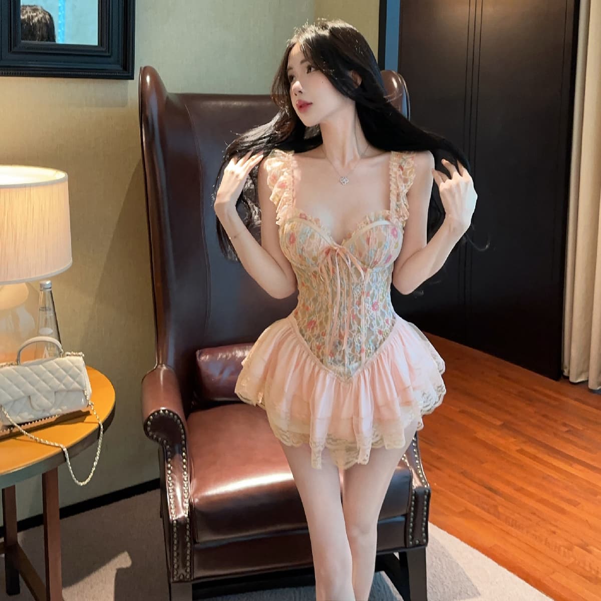 정가 섹시함 시스루 망사 꽃무늬 프릴 슬립 켜기 벨트 가슴 패드 생선뼈 허리 수축 만나는 조끼 상세 이미지 19