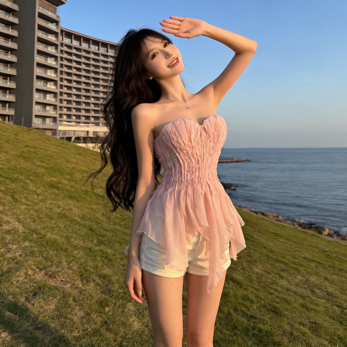 정가 섹시함 순수한 욕망 핫걸 요정 보트넥 튜브탑 주름 허리 수축 연꽃 잎 측 파대 가슴 패드 포장 가슴 맨위 상세 이미지 7