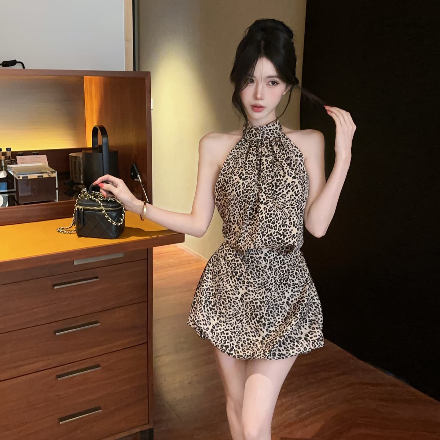 정가 섹시함 순수한 욕망 핫걸 휴가 바람 행침 목 스트랩 백리스 꽃밭 드레스 허리 수축 슬림해 보이는 레오파드 무늬 미니 스커트 상세 이미지 8